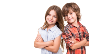 Kids posing over white